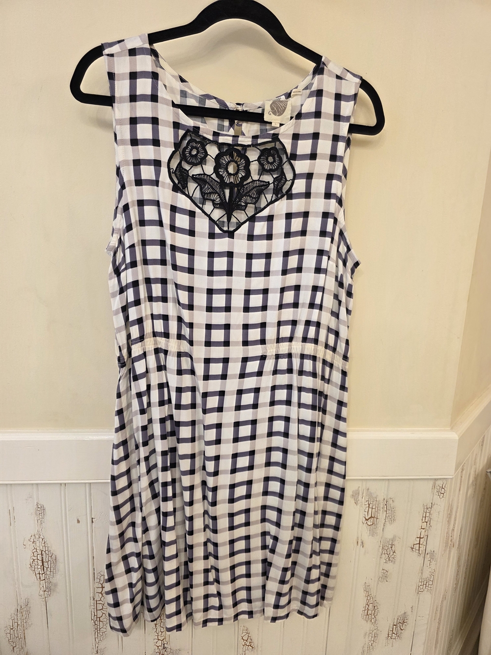 Anthropologie LilkaSleeveless Gingham Dress with Floral Lace Yoke - Navy & White